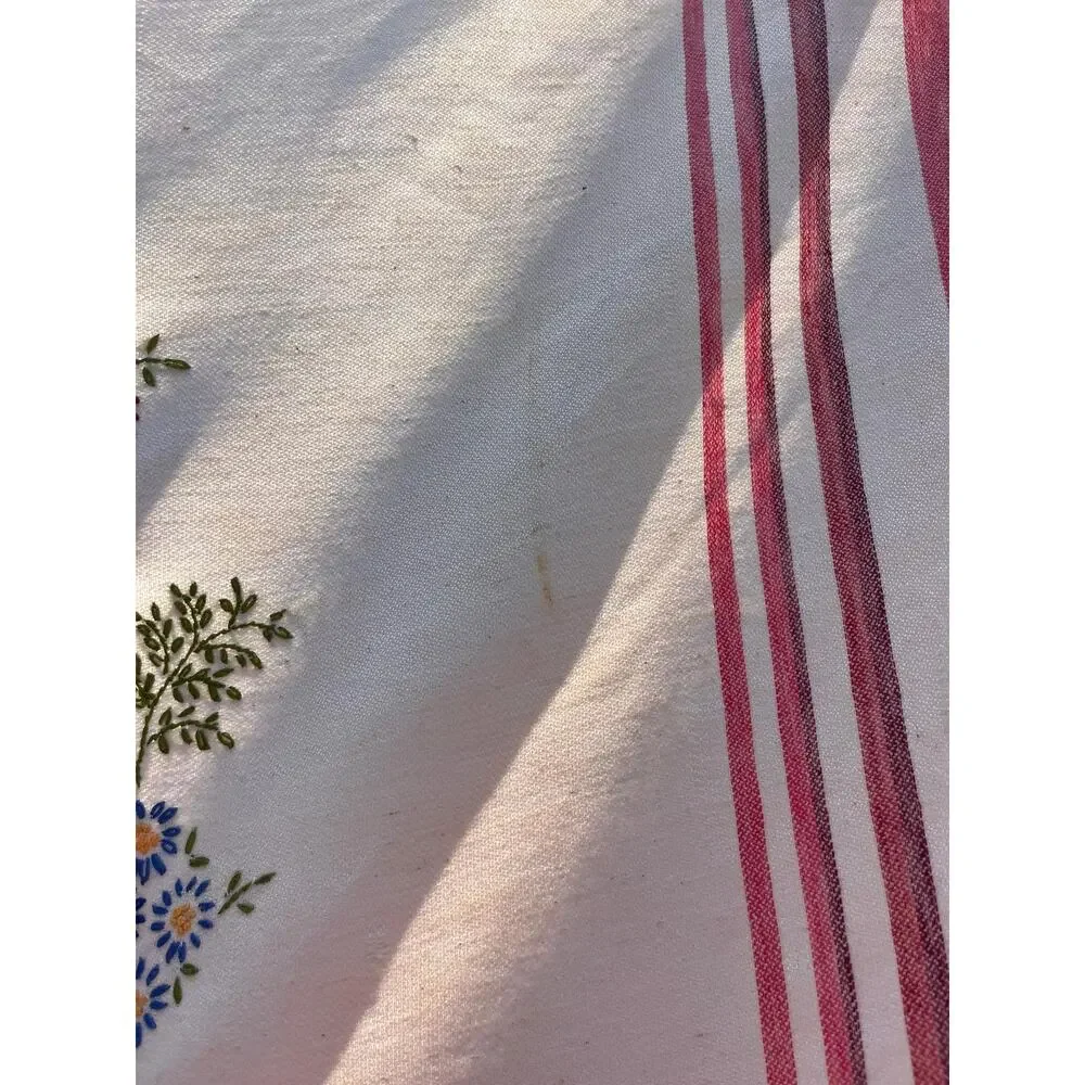 Vintage Red Striped Tablecloth with Embroidered Floral Center Motif